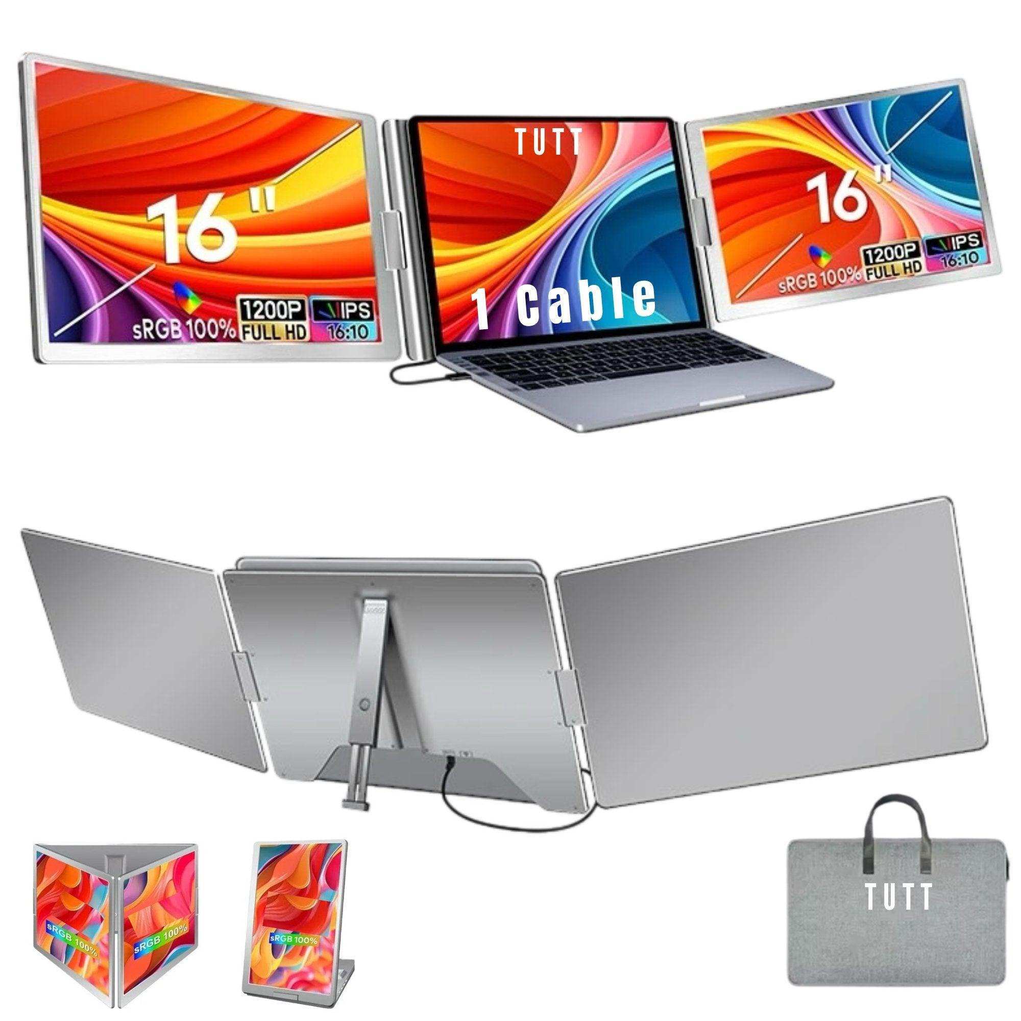 Dual portable 16-inch laptop monitor extender with FHD 1200P displays, single cable setup, carrying case, TUTT