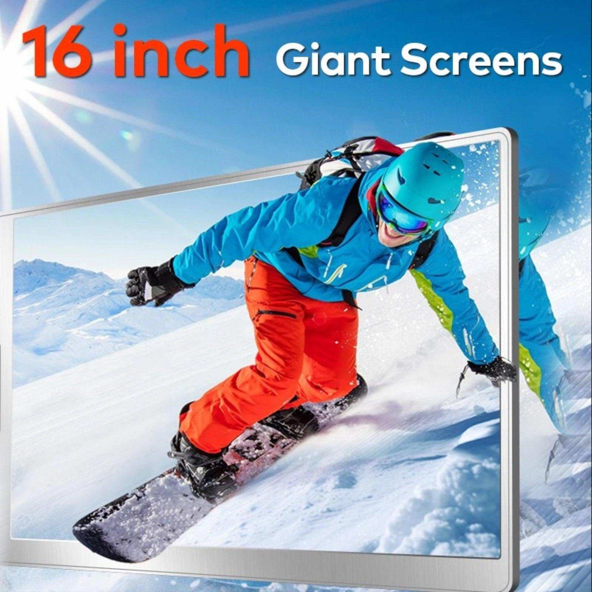 16 inch portable laptop monitor displaying vibrant snowboarder on snowy mountain, giant screens TUTT