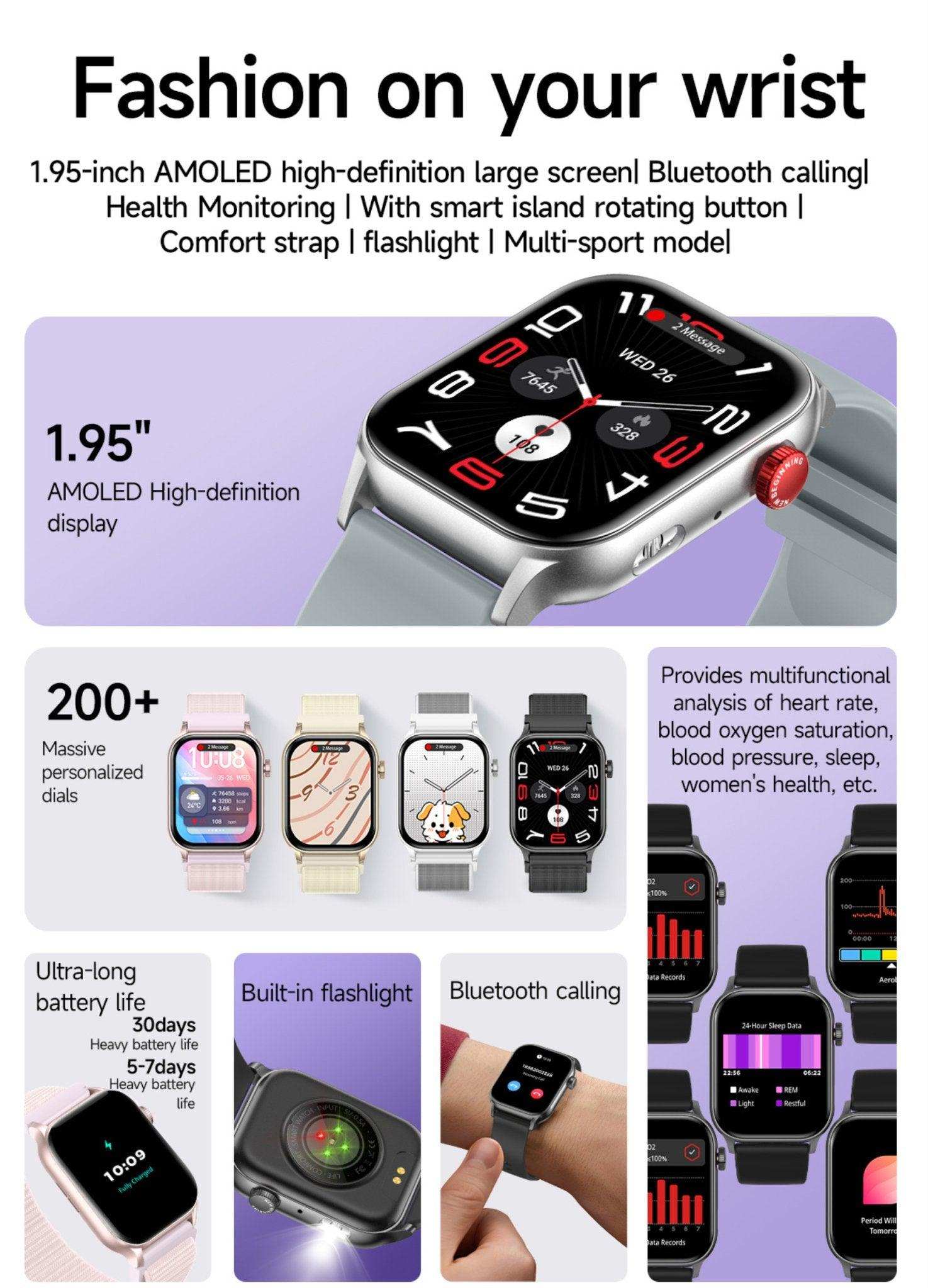 TUTT smartwatch with 1.95-inch AMOLED screen, personalized dials, health tracking, Bluetooth calling, and built-in flashlight TUTT