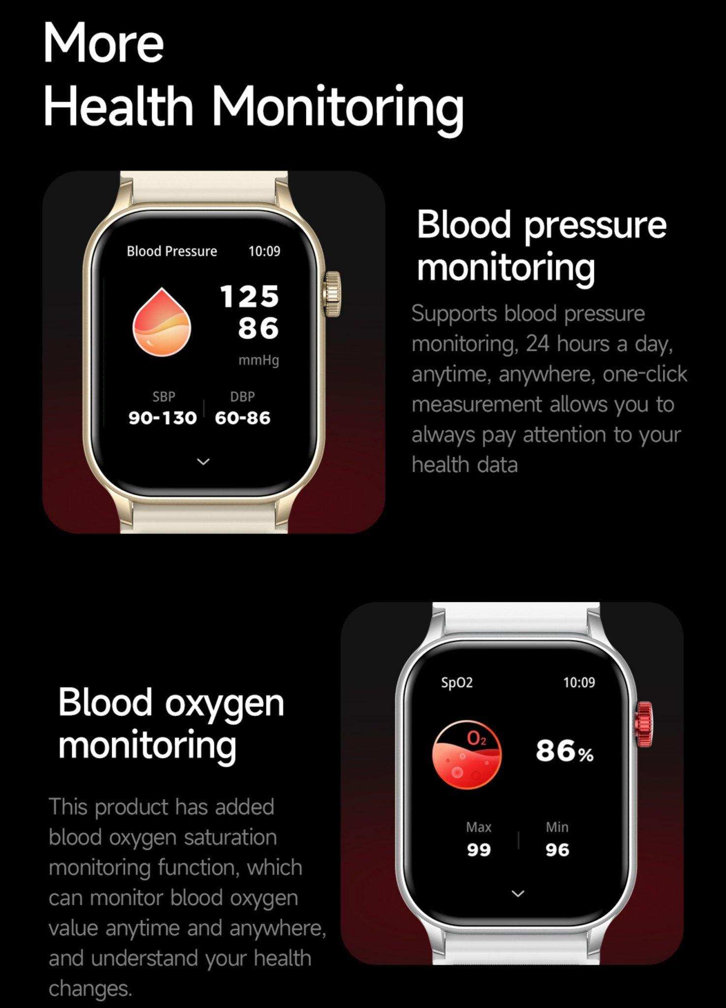 Smartwatch with AMOLED screen displaying blood pressure and blood oxygen health monitoring TUTT