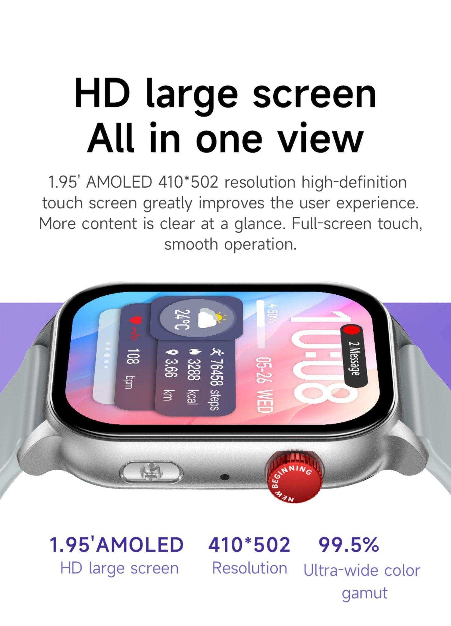 Silver smart watch with 1.95 inch AMOLED HD display, health tracking, and large color screen TUTT