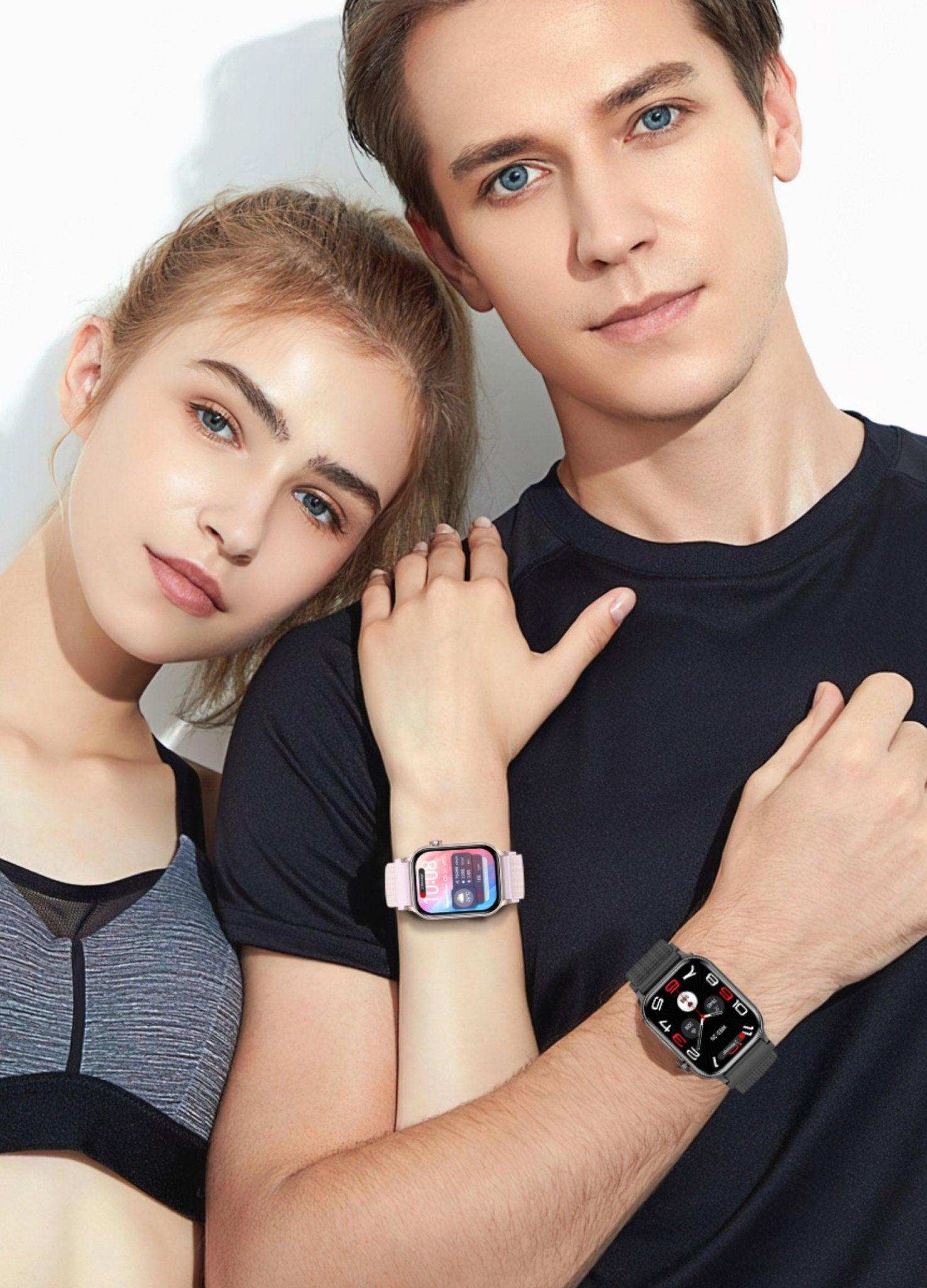 Man and woman wearing AMOLED screen smart watches, fitness tracking display, TUTT