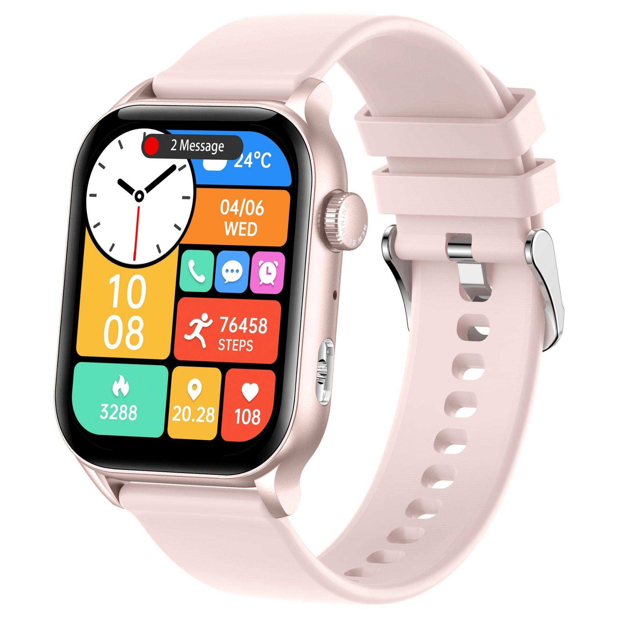 Pink AMOLED screen smart watch with fitness tracking display and health stats, TUTT