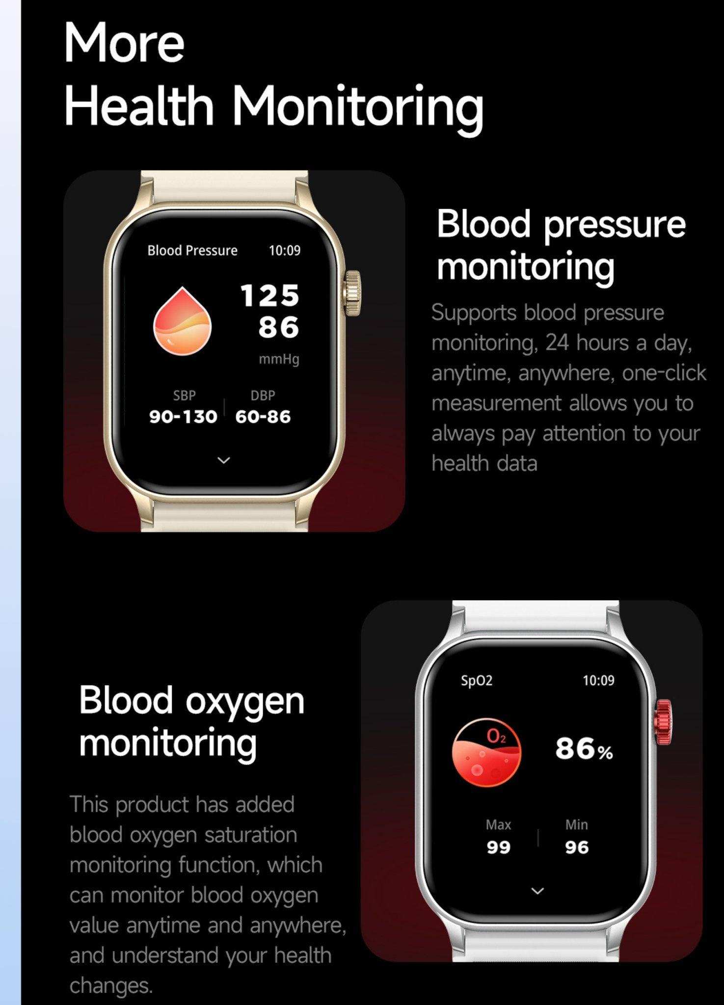 AMOLED smartwatch displaying blood pressure and blood oxygen monitoring features, health tracking screen, TUTT