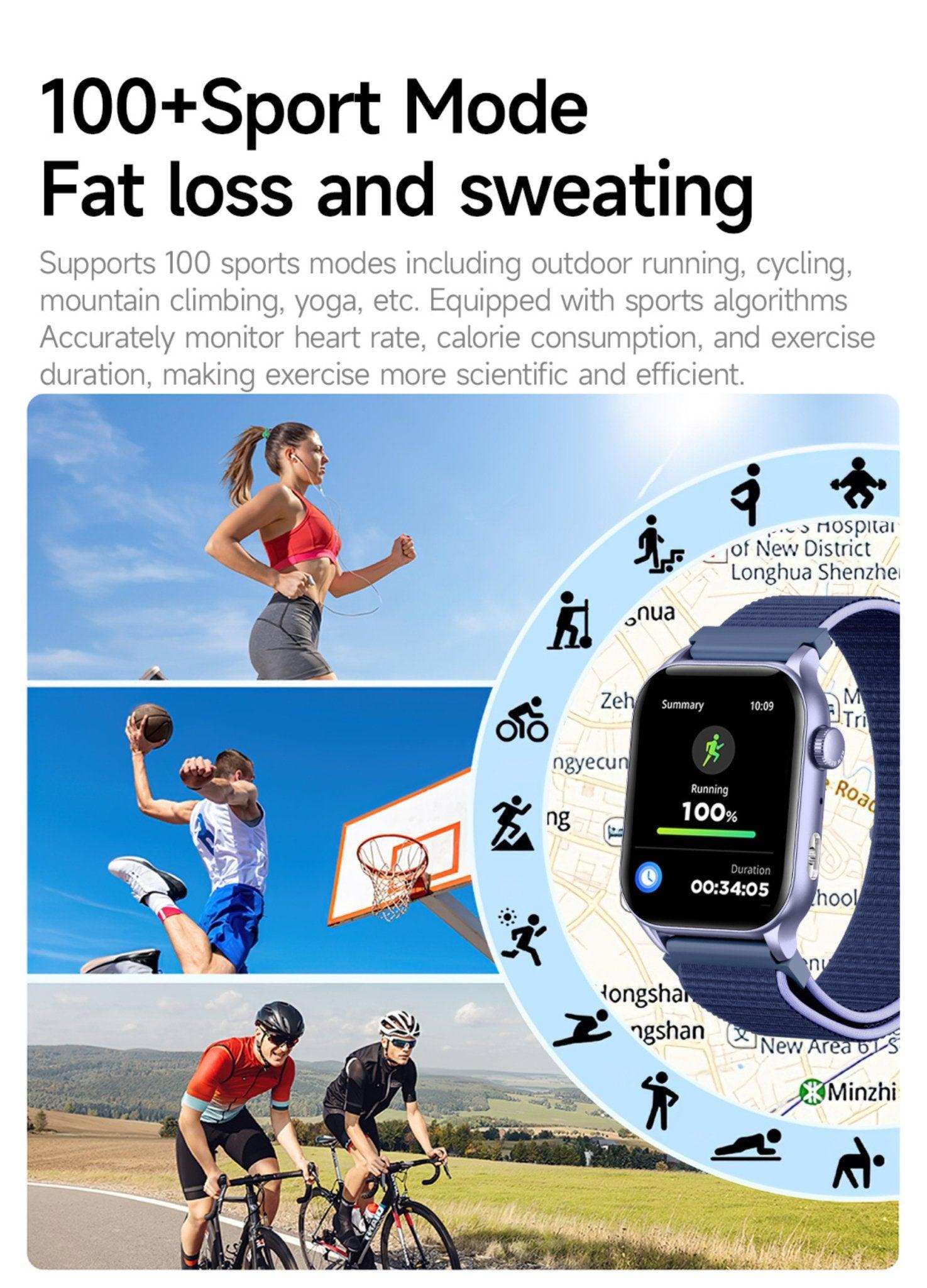 Smart watch for fitness tracking with AMOLED screen, shown with runners, cyclists, and athletes. TUTT