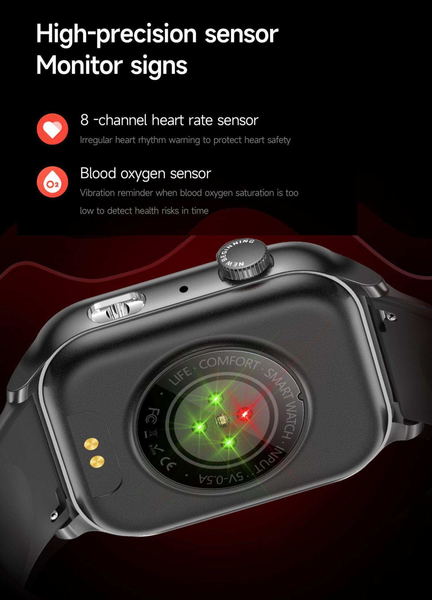 Close-up of smart watch sensor with glowing lights, highlighting heart rate and blood oxygen monitoring TUTT