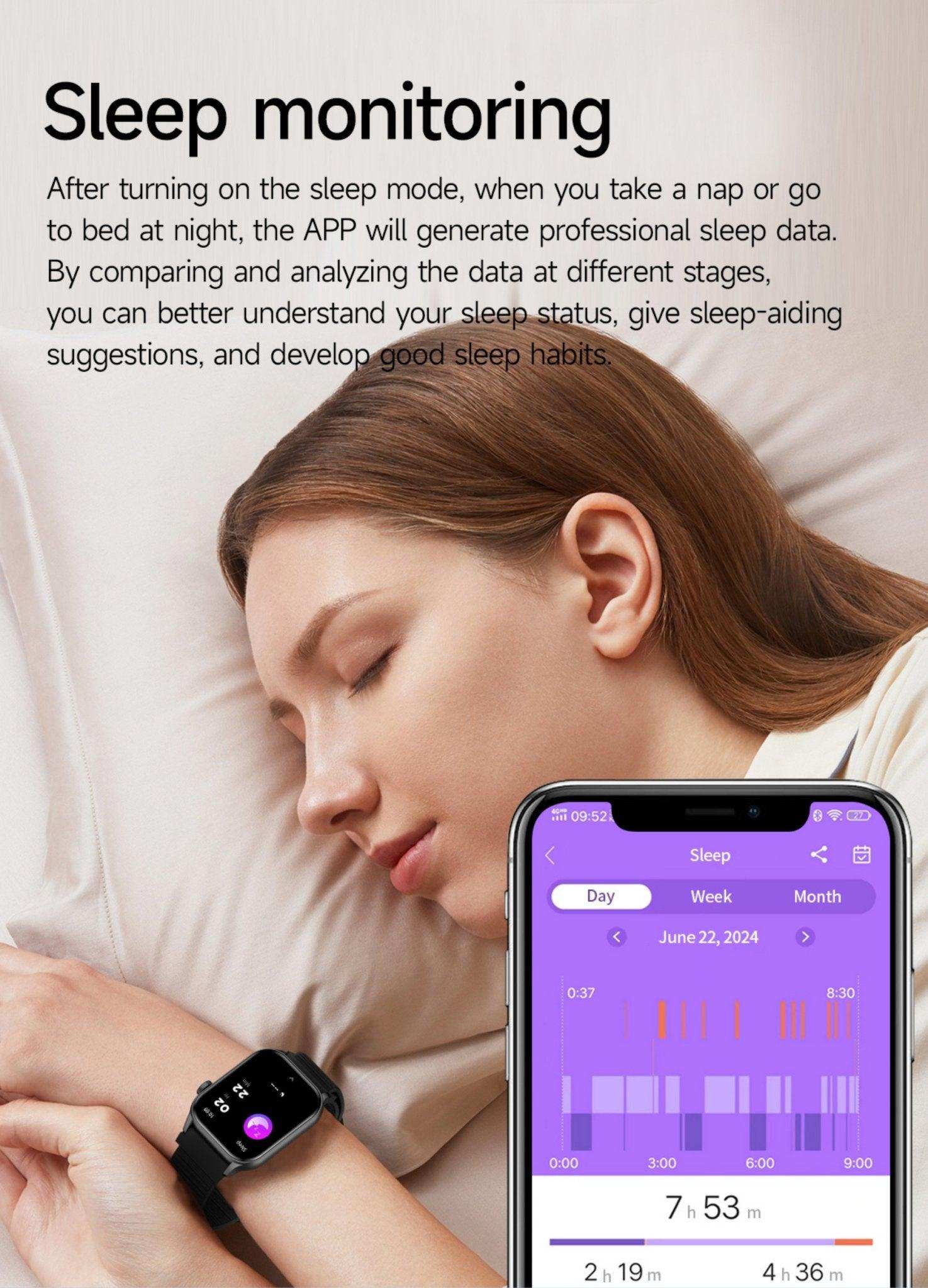 Woman sleeping with a TUTT AMOLED screen smartwatch on wrist, sleep monitoring app displayed on phone. TUTT