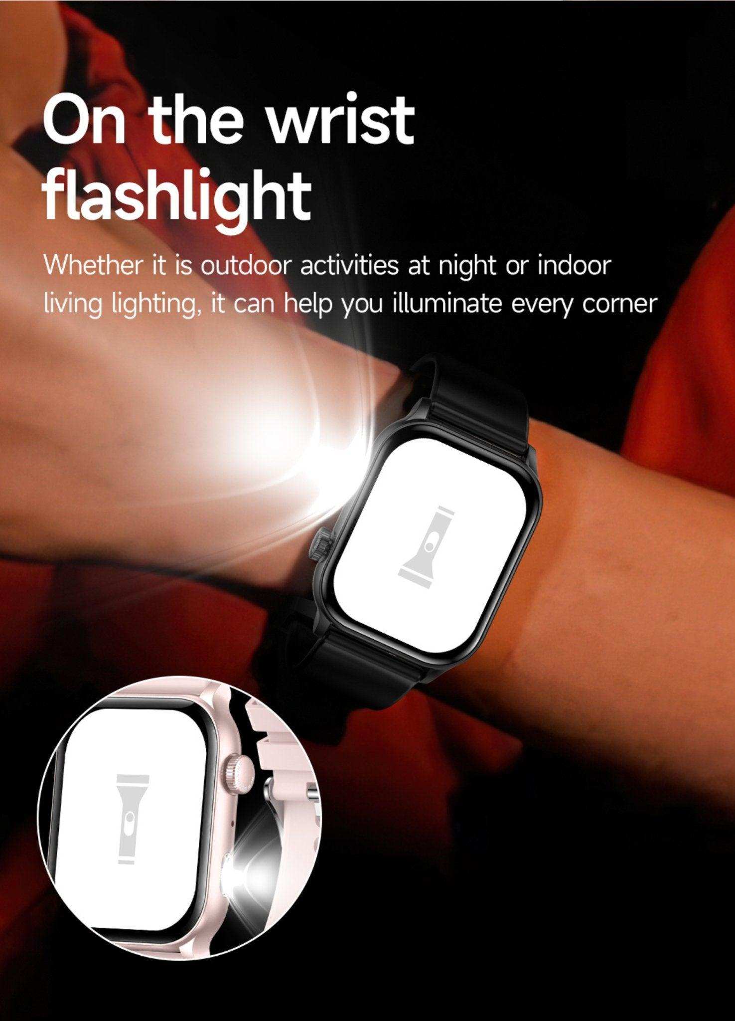 Smartwatch with AMOLED screen flashlight feature on wrist, closeup of illuminated display, TUTT