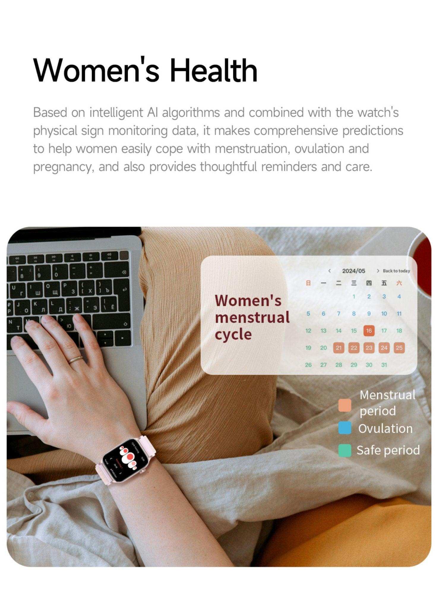 Woman wearing smart watch with menstrual cycle tracking feature, using laptop, health and fitness TUTT