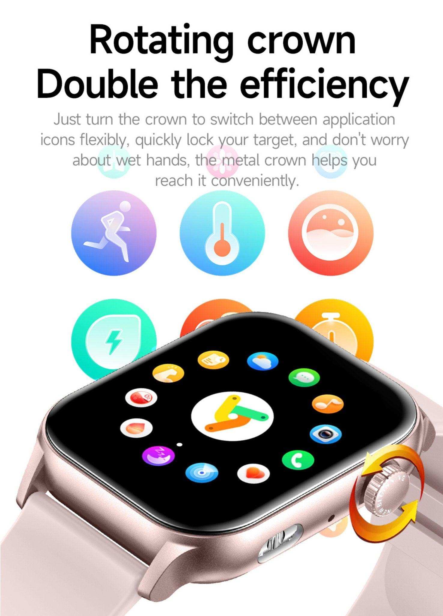 AMOLED screen smart watch with app icons and rotating metal crown control, pink strap, TUTT