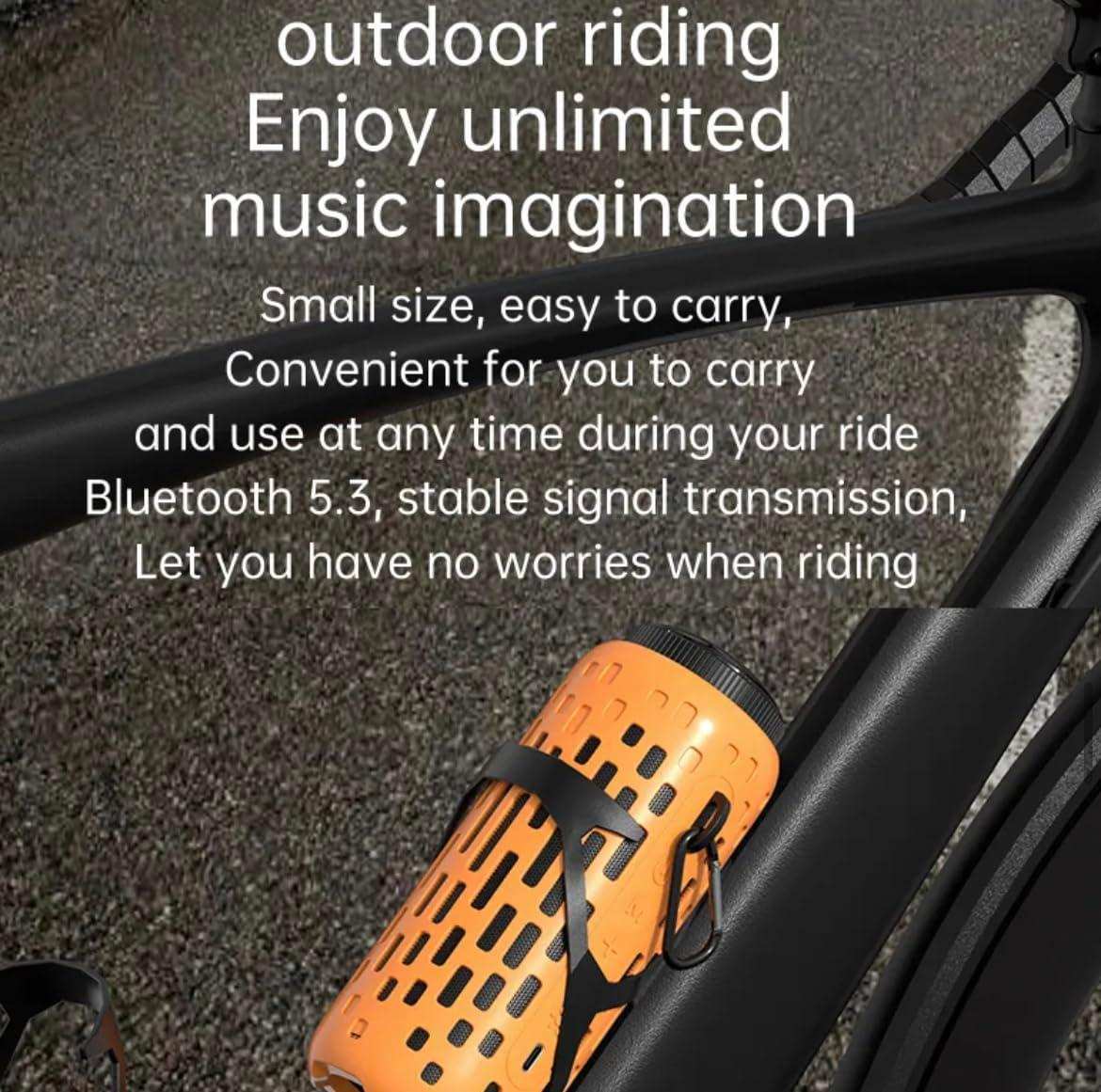 Orange 2-in-1 outdoor waterproof mini speaker with earbuds and LED light clipped to a bike frame, Bluetooth 5.3 TUTT