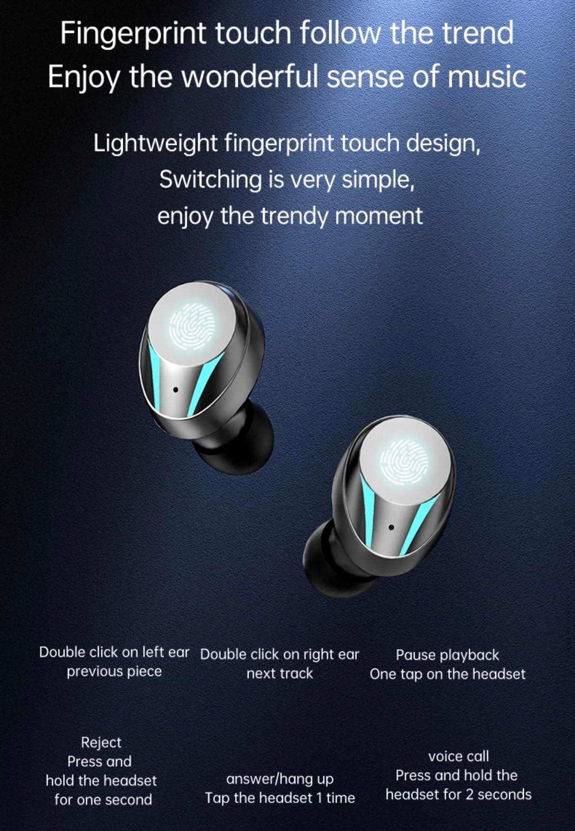 Two black wireless earbuds with fingerprint touch controls and LED accents on a dark background, showing touch command instructions, TUTT