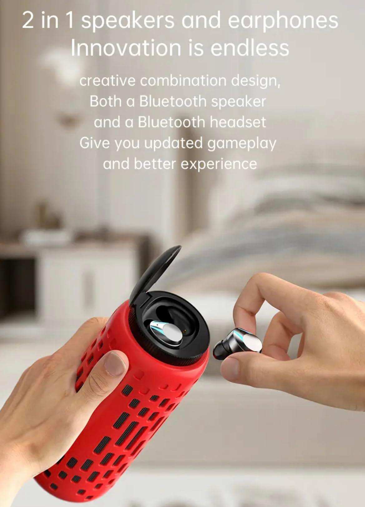 Hand holding red 2-in-1 mini Bluetooth waterproof speaker with earbuds indoors, TUTT