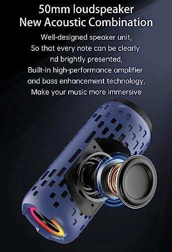 Waterproof mini wireless speaker with exposed bass driver, LED lighting, and text overlay, TUTT
