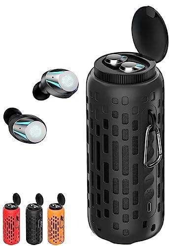 2-in-1 waterproof portable mini speaker with earbuds, LED light, and hook in black, red, and orange. TUTT