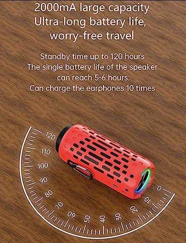 Red TUTT 2-in-1 outdoor waterproof mini speaker with earbuds, LED ring, and hook on wood surface TUTT
