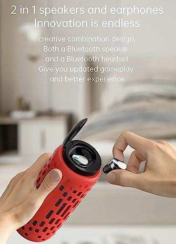 Hands holding a red 2-in-1 outdoor waterproof mini speaker with detachable earbuds, Bluetooth, LED lighting, hook and modern room background. TUTT