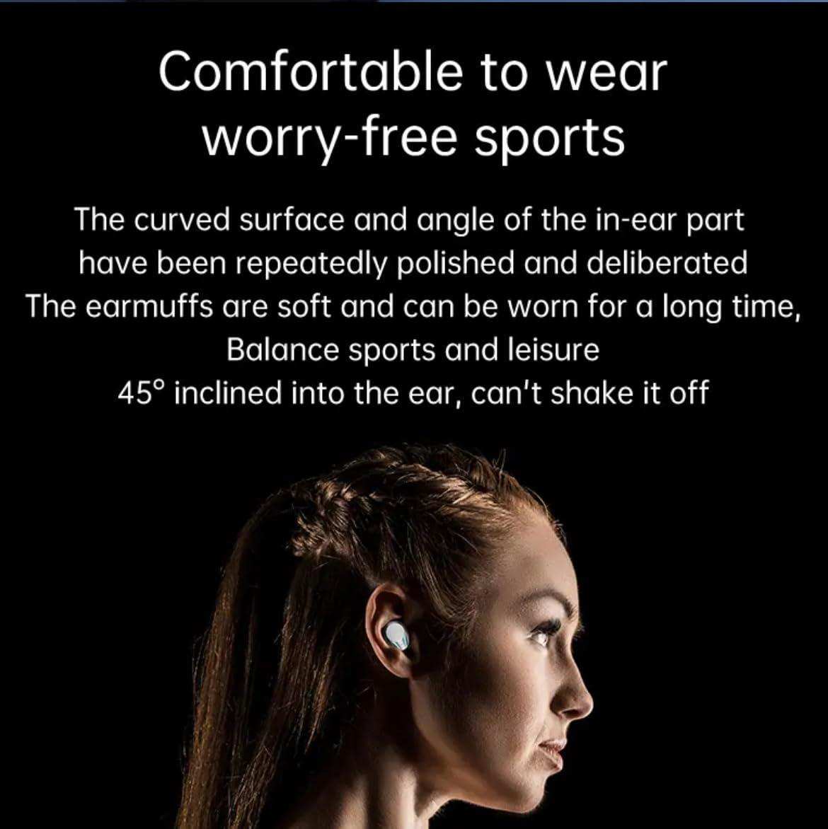 Woman wearing white wireless earbuds for sports, comfort-focused design, side profile, TUTT