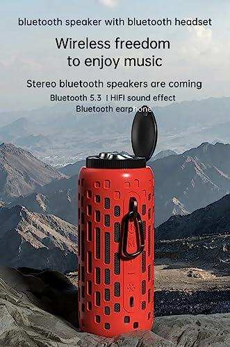Red 2-in-1 outdoor waterproof mini Bluetooth speaker with earbuds, LED light, and hook, set on a mountain landscape. TUTT