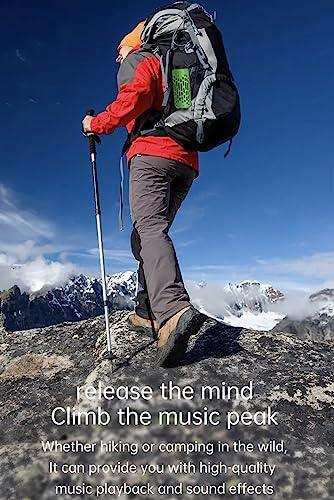 Hiker with backpack and trekking pole, TUTT 2-in-1 outdoor waterproof mini speaker attached, mountain scene, TUTT