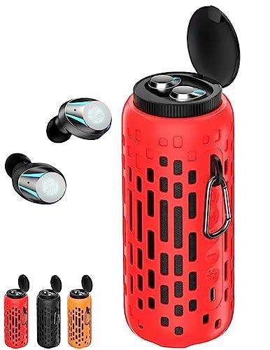 Red 2-in-1 waterproof mini speaker with earbuds, LED light, hook, portable for outdoor use TUTT