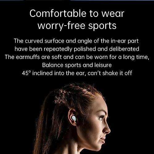 Woman wearing in-ear wireless TUTT earbuds for sports, black background, close-up. TUTT