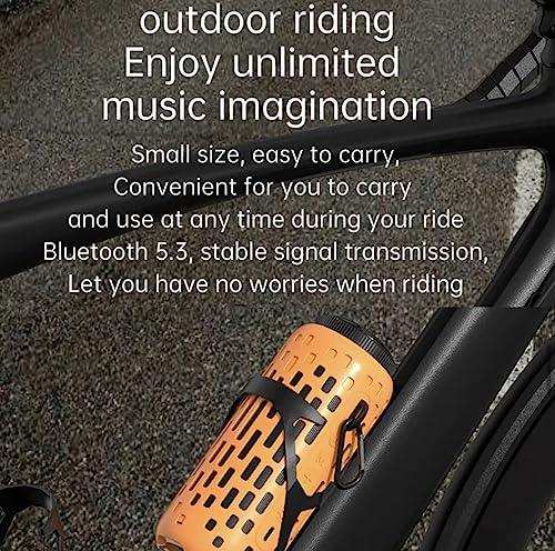 Mini orange waterproof Bluetooth 5.3 speaker with earbuds attached to bike frame outdoors, TUTT