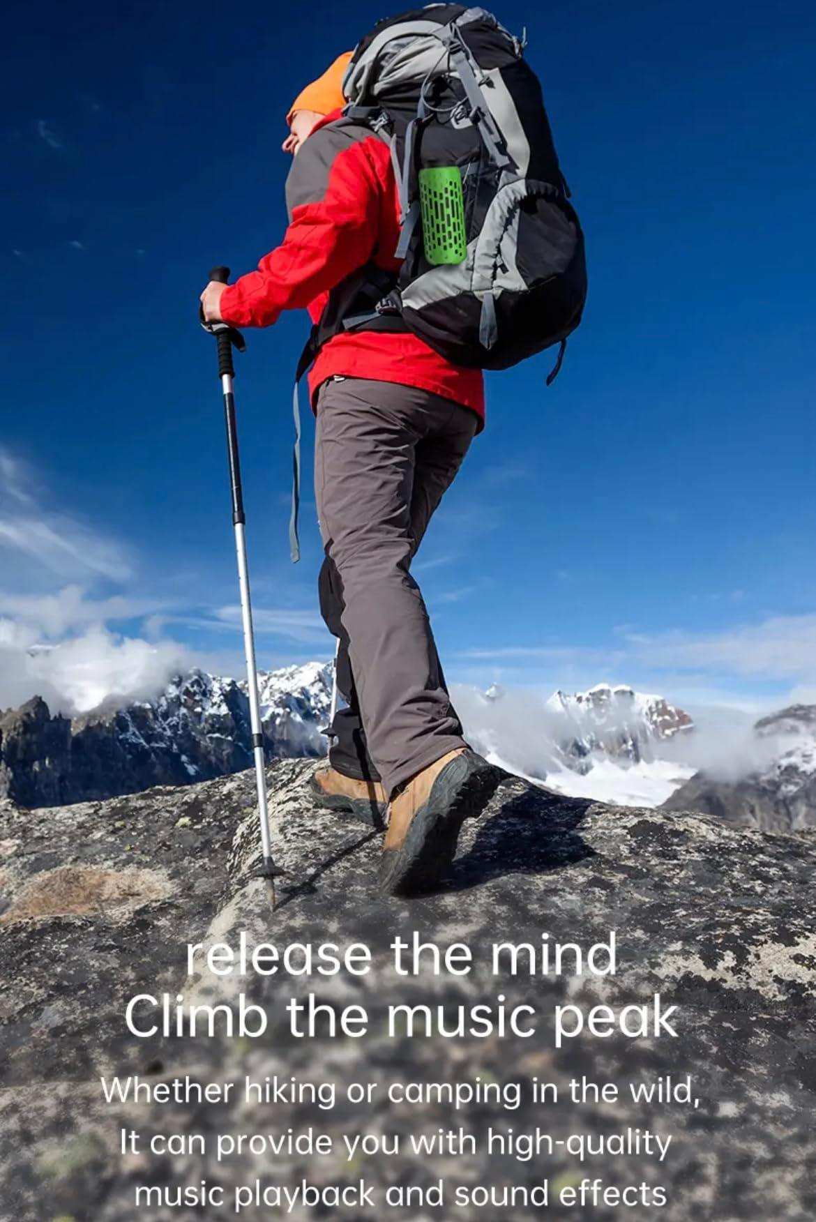 Hiker on mountain with backpack featuring green outdoor waterproof mini speaker and earbuds, TUTT
