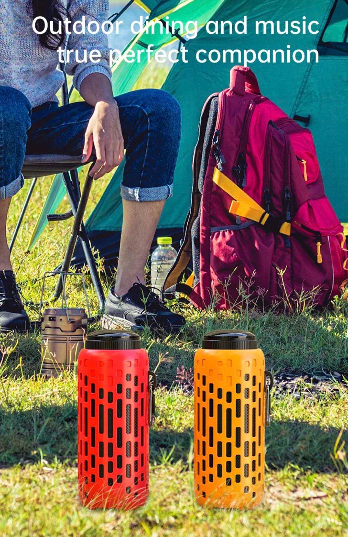 Outdoor scene with TUTT 2-in-1 waterproof mini speakers and earbuds near a tent and backpack, ideal for camping. TUTT