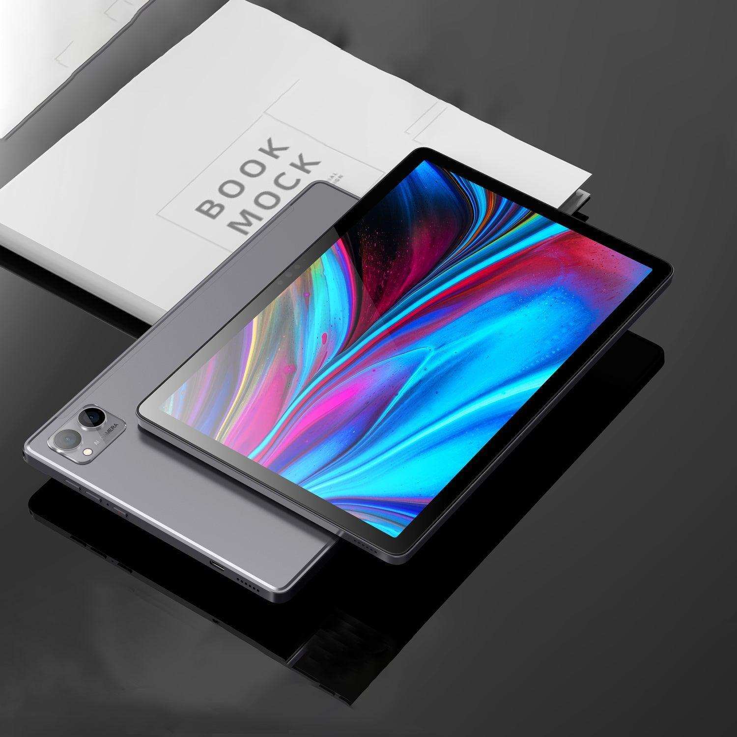 Android tablet with colorful display and dual rear camera on glossy black surface, TUTT