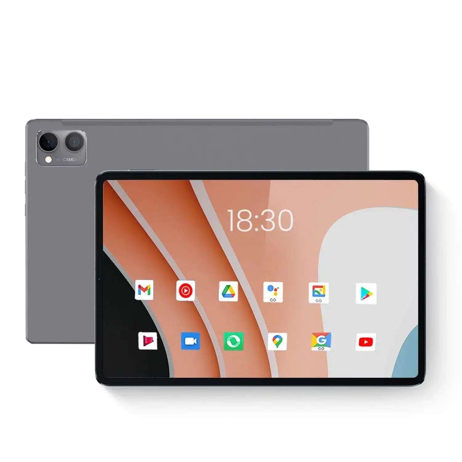 Front and back view of a gray TUTT 2-in-1 Android tablet with dual rear camera and FHD display, app icons visible on screen. TUTT