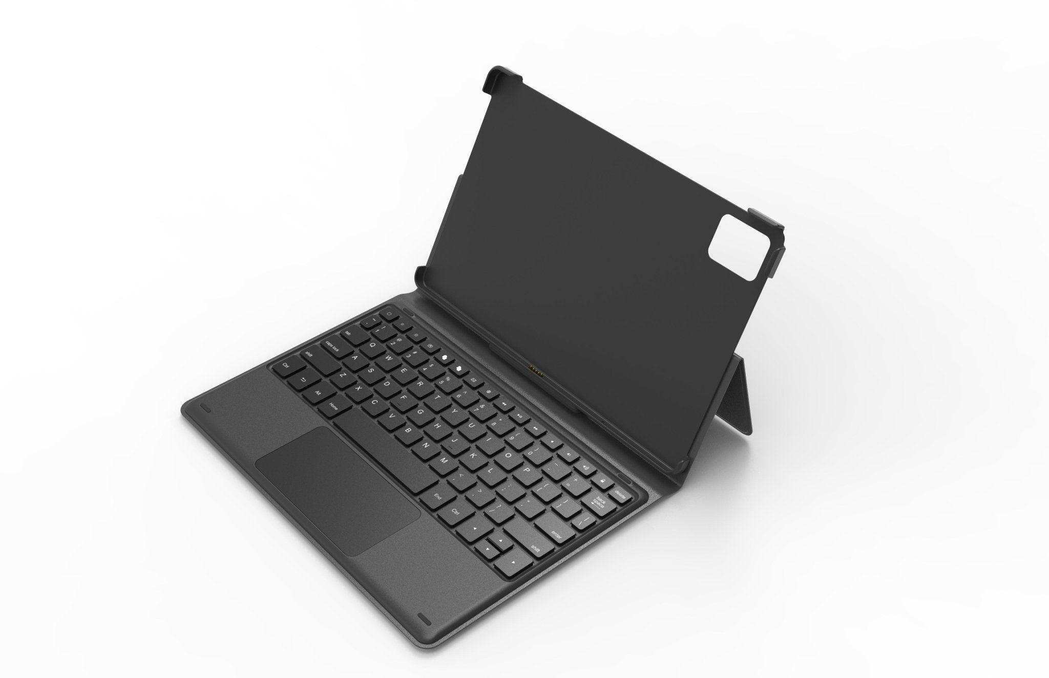 Black 2-in-1 tablet keyboard case with touchpad and adjustable stand on white background TUTT