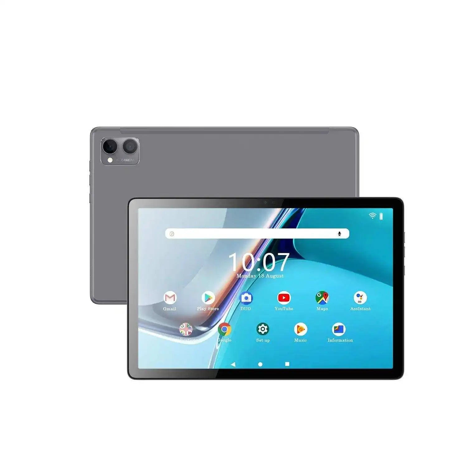 Android tablet with dual rear camera, FHD display and app icons on home screen, TUTT