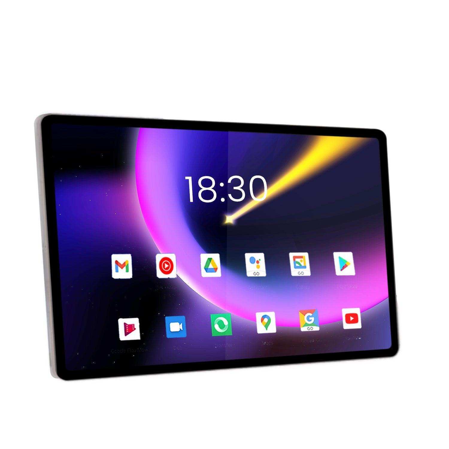 Android tablet with colorful screen, app icons, and digital clock display, TUTT