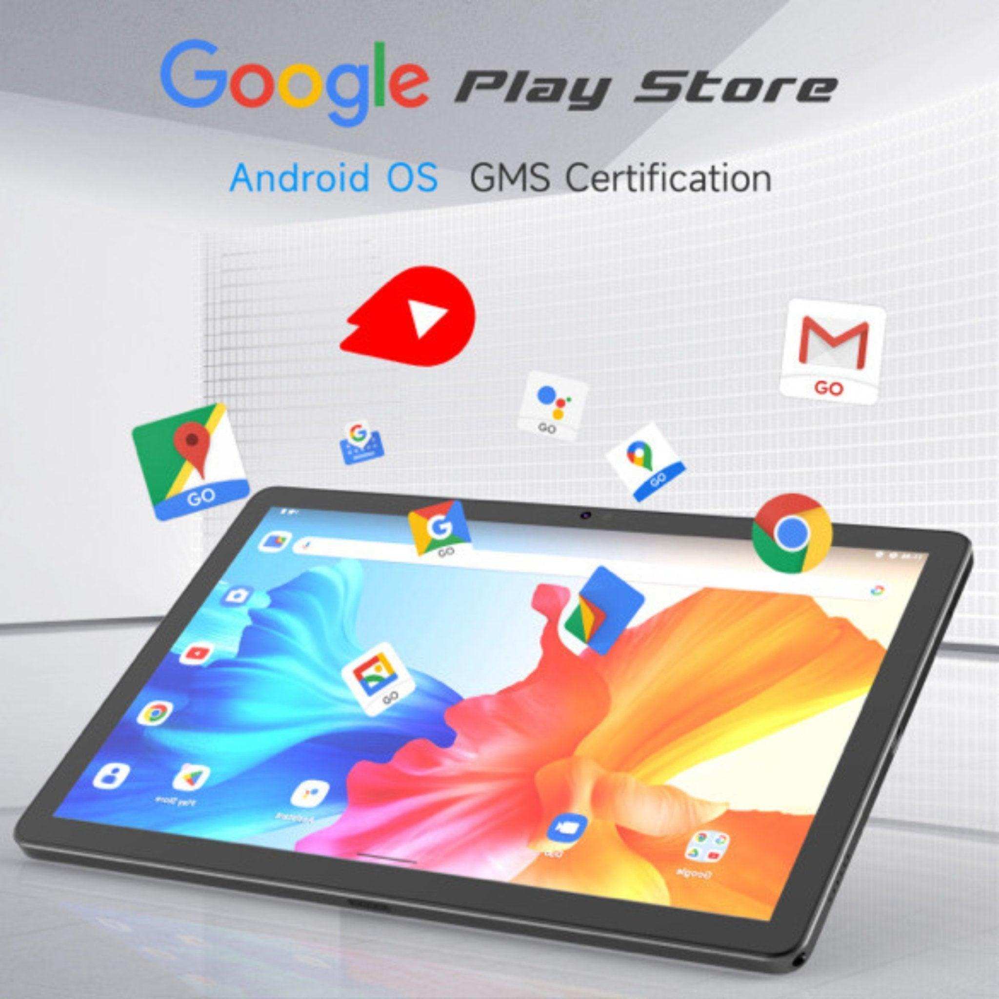 Android tablet with colorful screen, Google Play Store apps, and GMS certification. TUTT