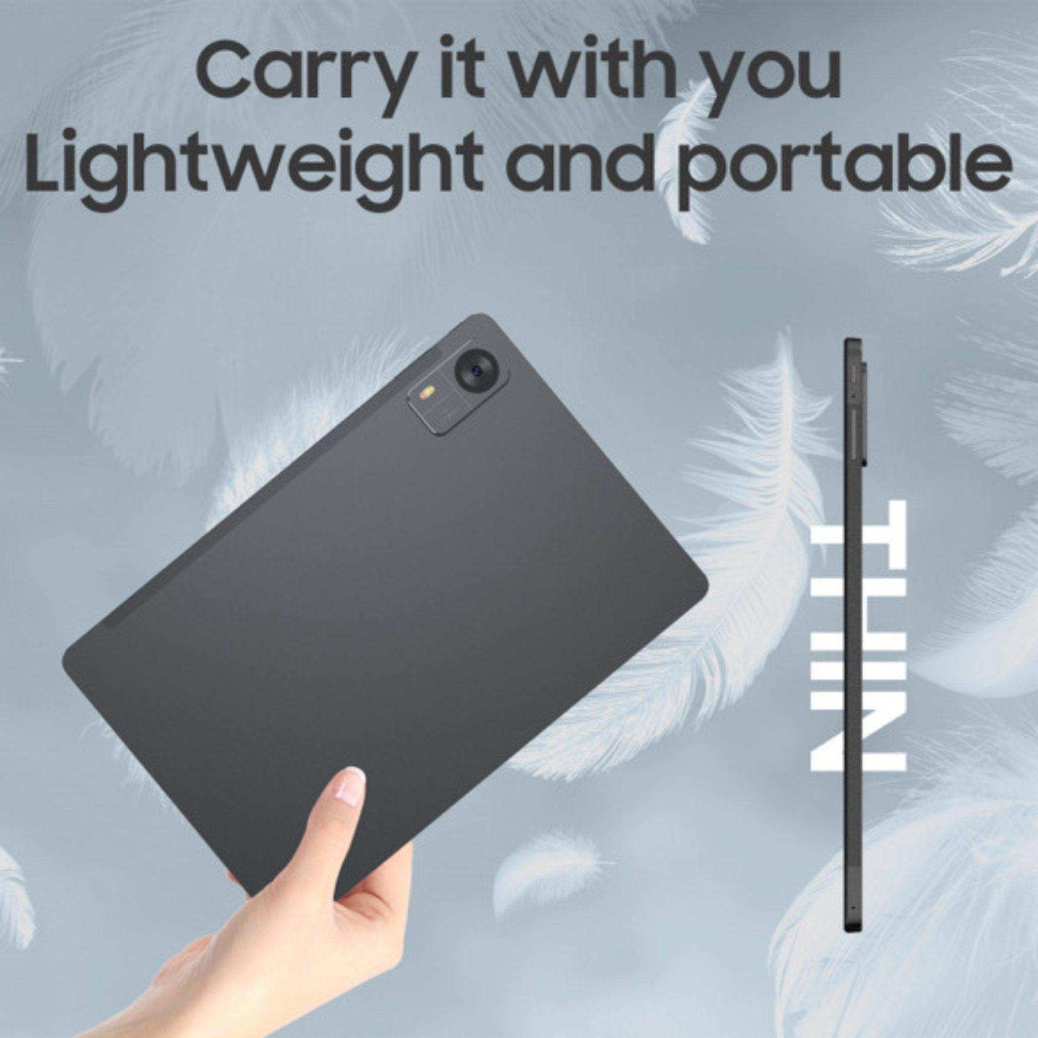 Hand holding a thin, black tablet with camera, lightweight and portable design, TUTT