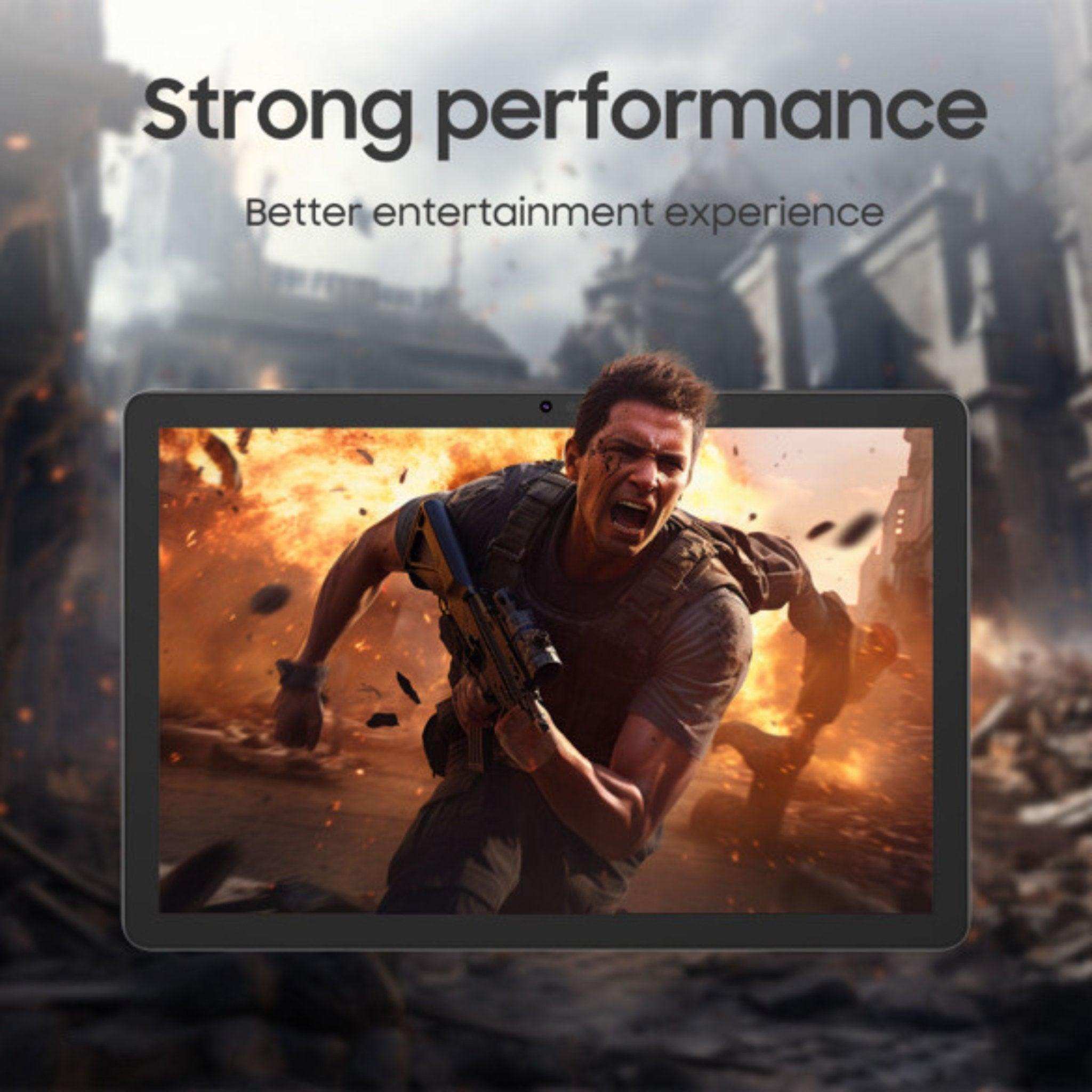 Android tablet displaying action game with explosion, strong performance text above. TUTT