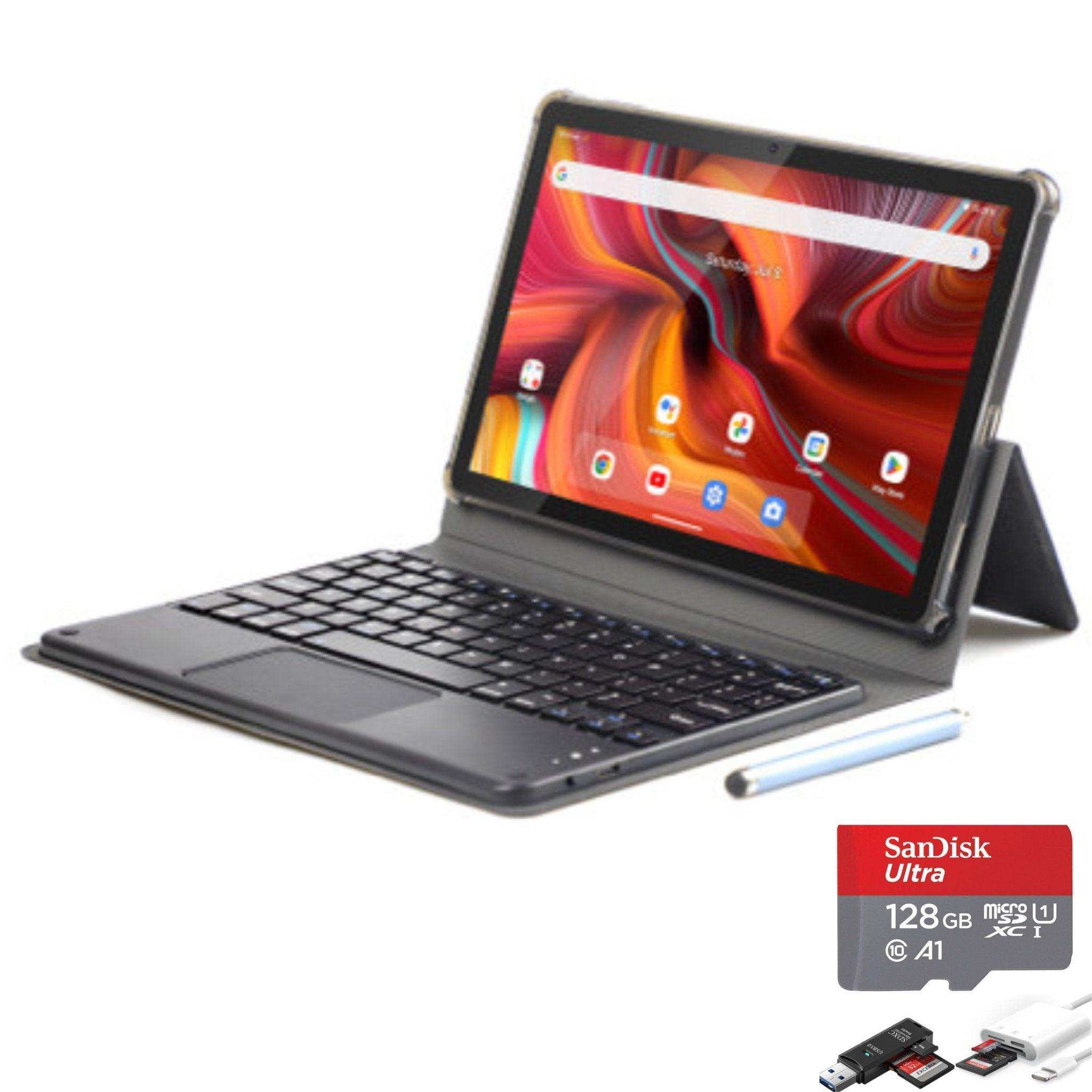 Android tablet with keyboard case, stylus, SanDisk 128GB microSD card and USB adapter, TUTT