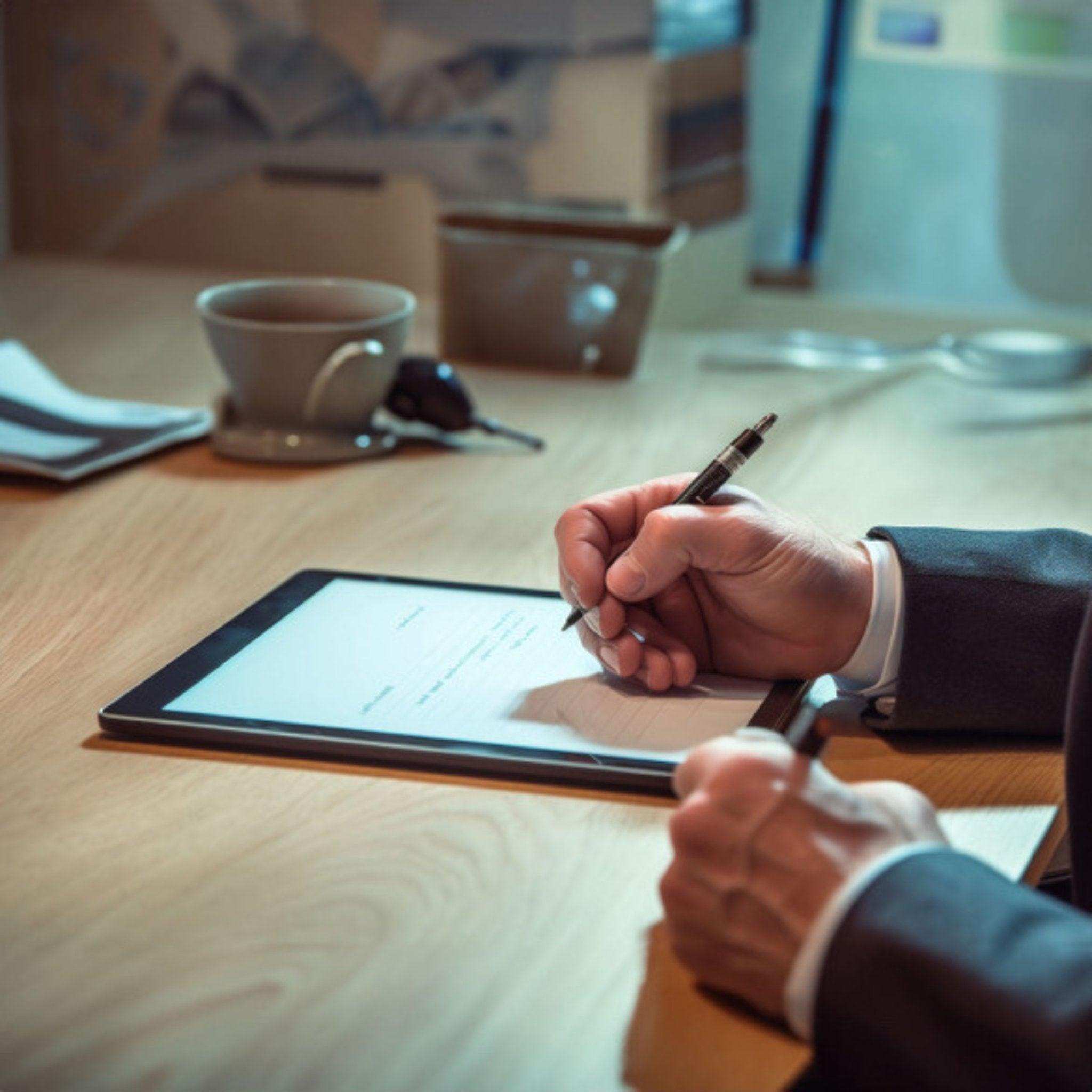 Person writing on touchscreen tablet with stylus at wooden desk, coffee cup nearby TUTT