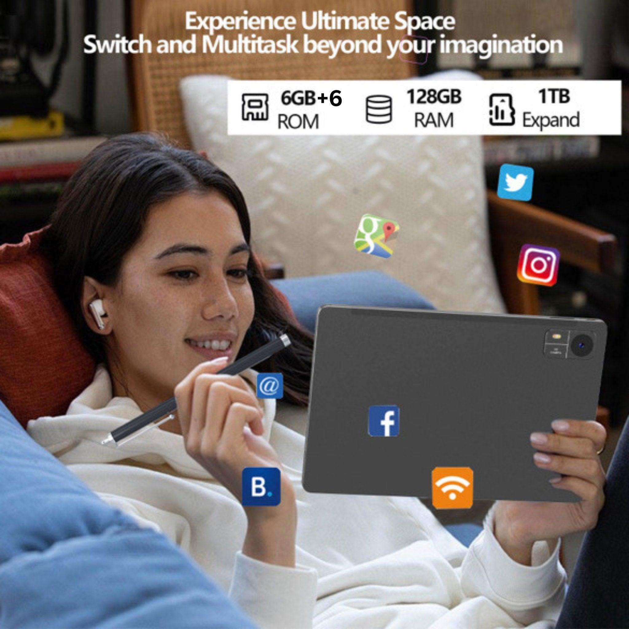 Woman lounging indoors, using a black tablet with stylus, social media and app icons around, highlighting 6GB RAM, 128GB storage, multitasking features, TUTT