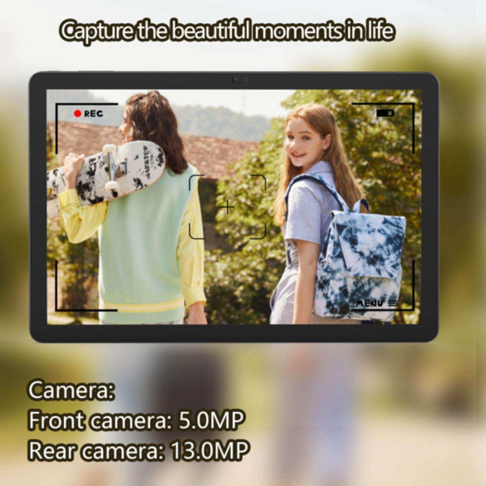 TUTT 2-in-1 Pro 101 tablet display with camera specs, showing two smiling teens outdoors, 5MP front, 13MP rear camera. TUTT