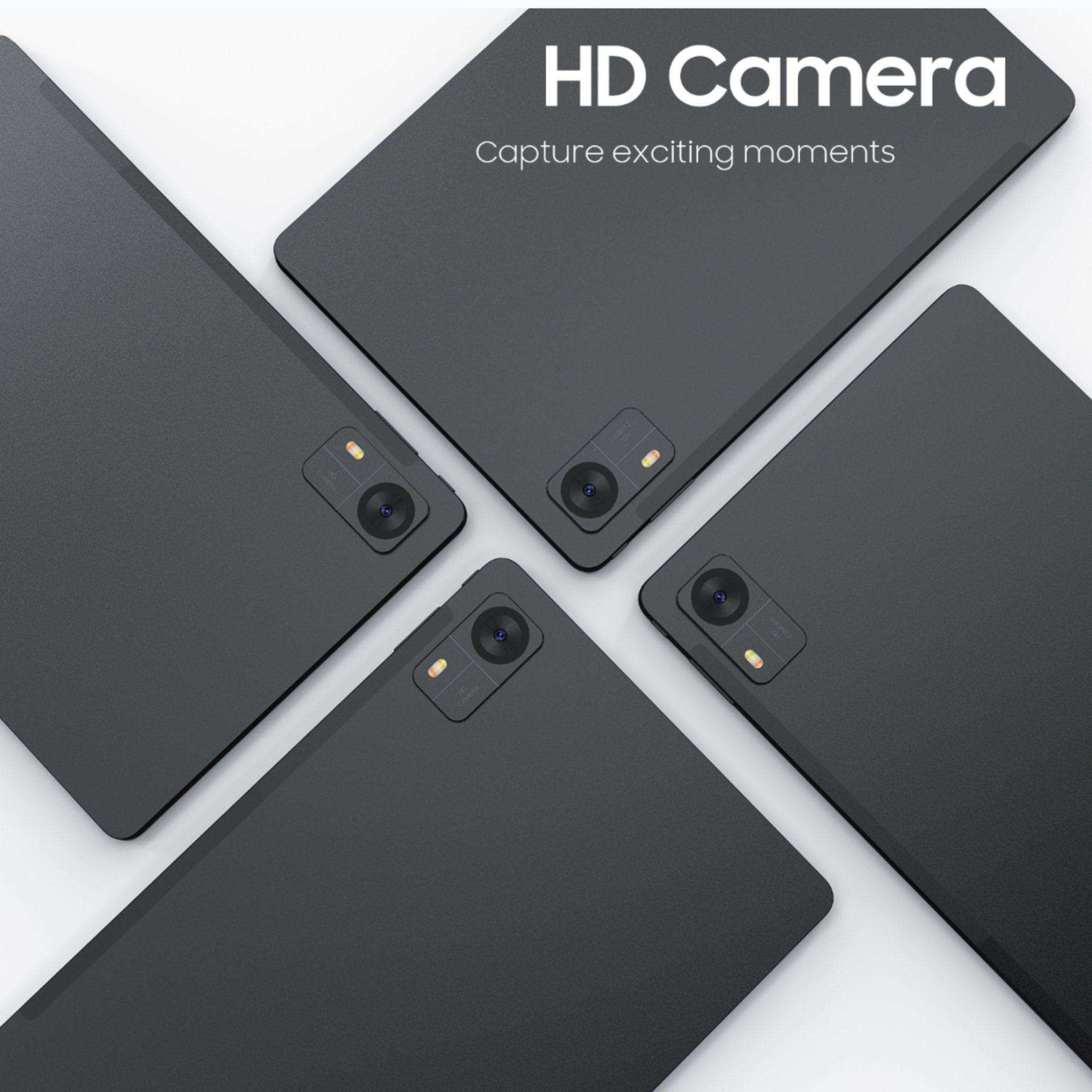 Four black tablets with rear HD cameras on a white background, HD camera text above. TUTT