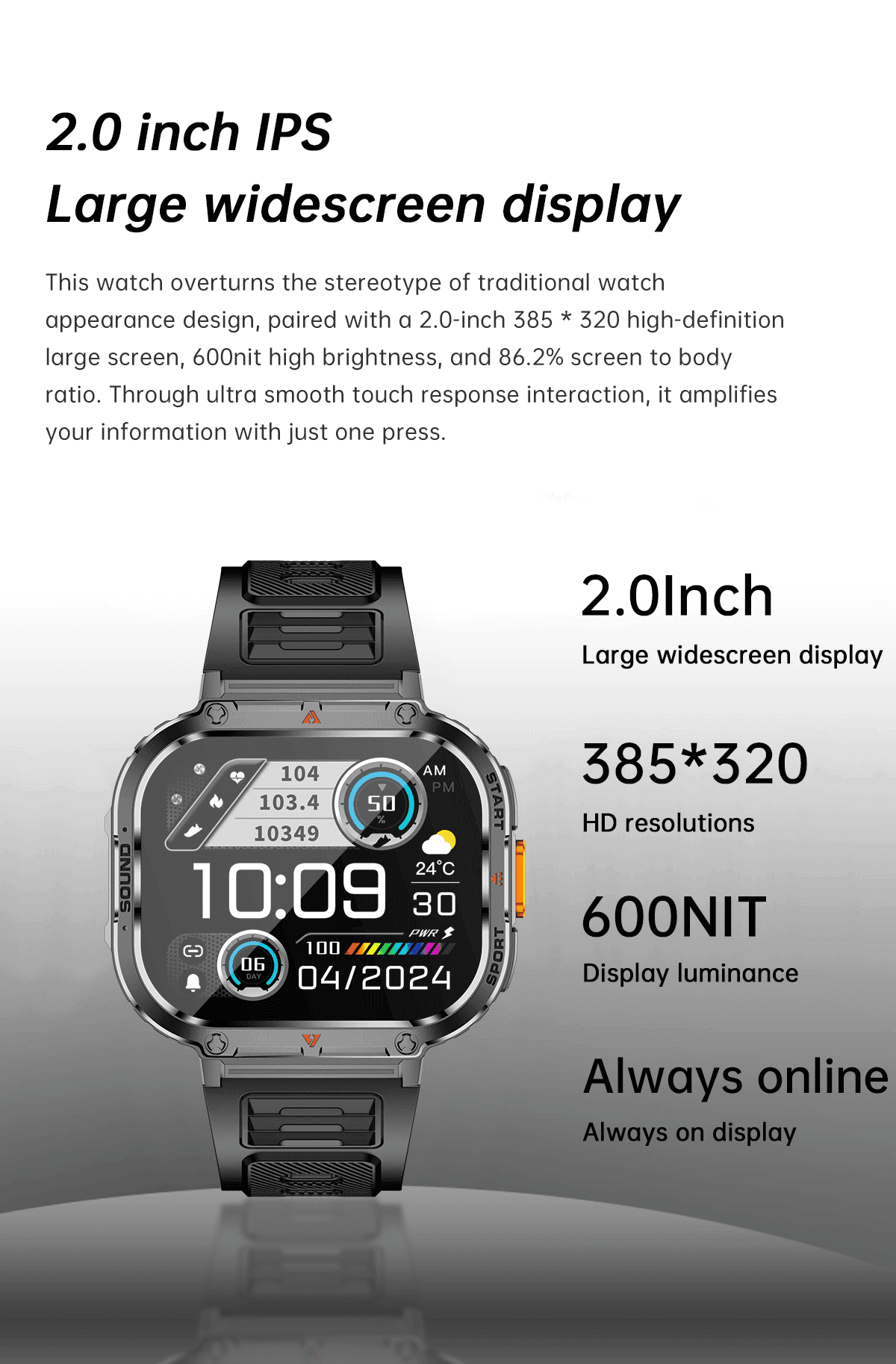 Rugged military smart watch with 2.0-inch IPS widescreen display 385x320 HD, always on. TUTT
