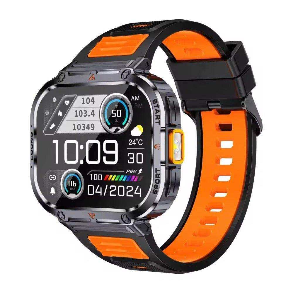Rugged TUTT 20 dial smart watch with orange-black strap, health tracking, and flashlight TUTT