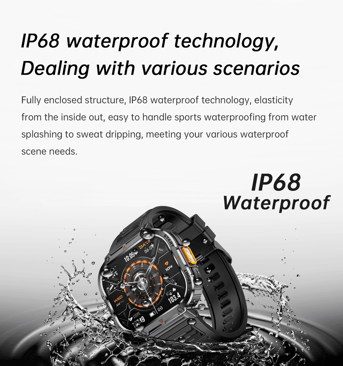 Rugged black smartwatch with orange accents in water splashes, IP68 waterproof, TUTT