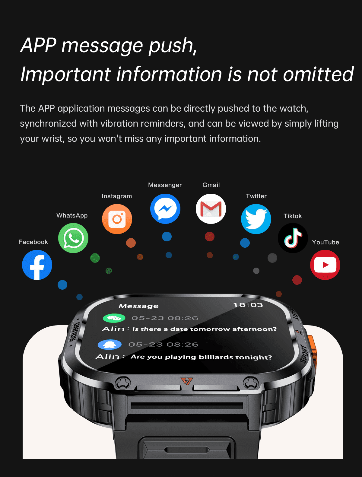 Rugged TUTT smartwatch displaying message notifications, app icons above, black background. TUTT