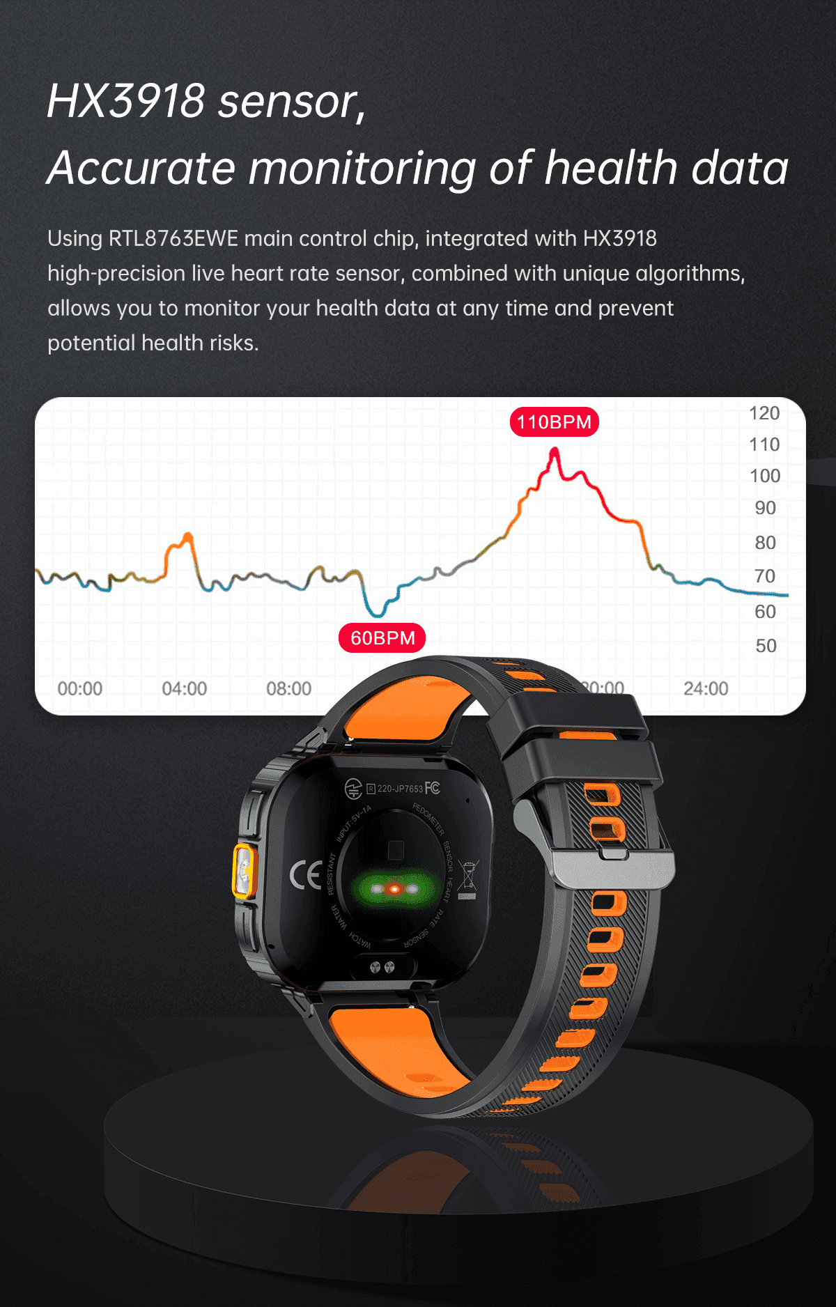 Rugged smart watch with orange-black band displays health data graph and sensor features. TUTT