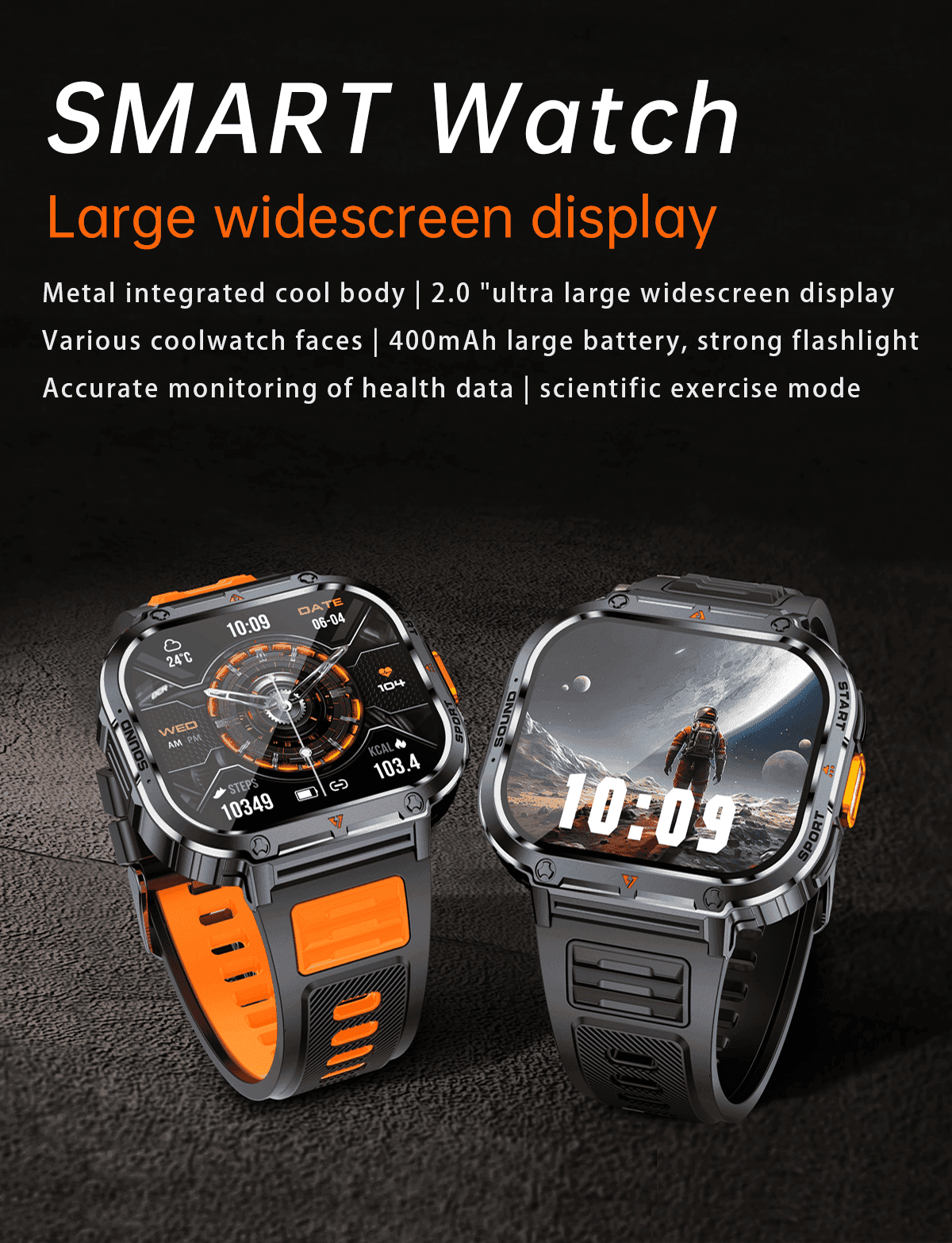 Rugged military-style smart watches with large widescreen display, health and fitness tracking, orange and black bands, TUTT
