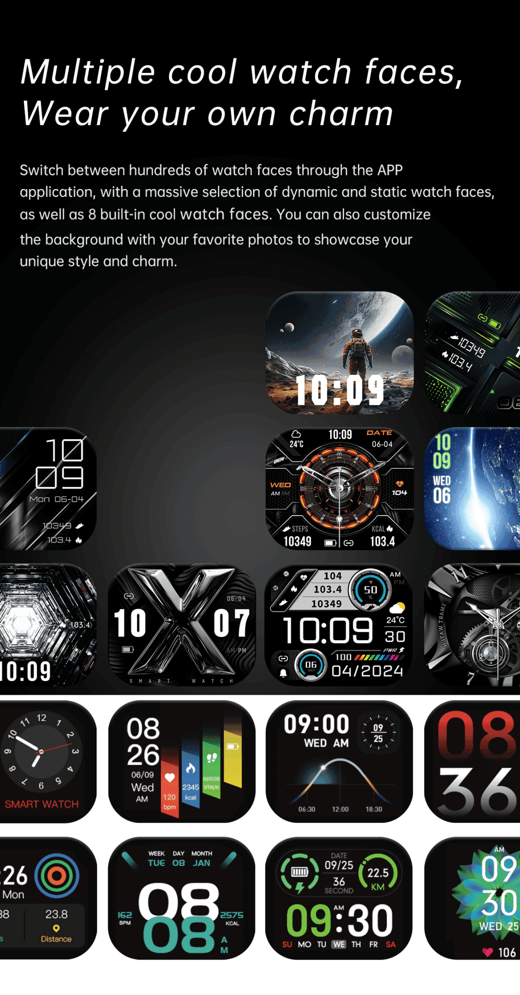 Various smart watch faces for health, fitness, and military style on display, TUTT