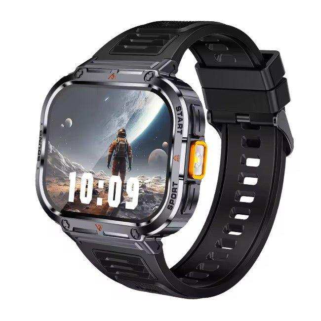 Rugged black smart watch with digital astronaut display, large screen, and side button, TUTT